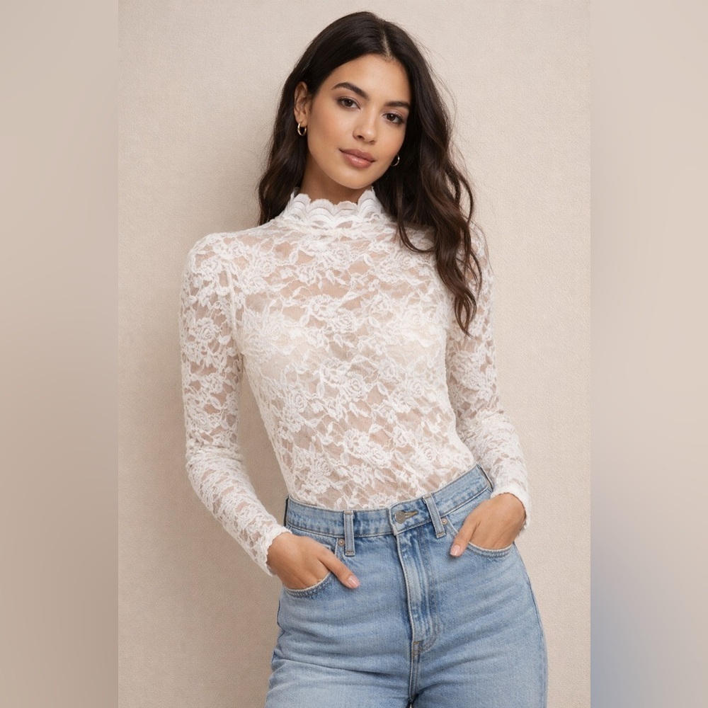 Floral Lace Mock Neck Cream Top Romantic Coquette Puff Sleeve Blouse S